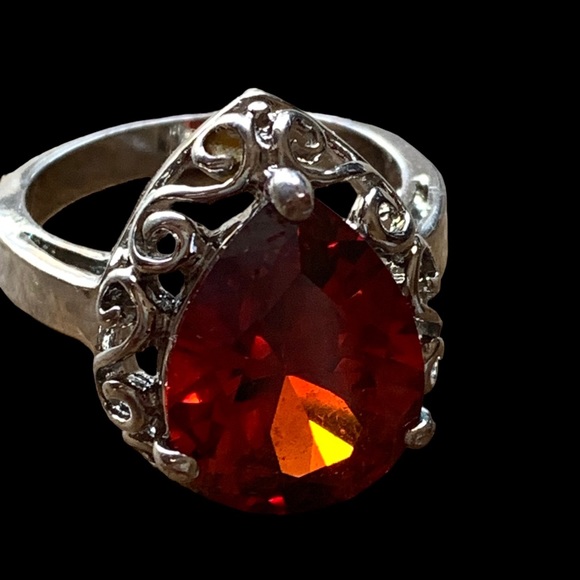 Garnet Amber Red Cz Silver Pear Shape Dinner Cocktail Ring Women’s Jewelry - Picture 4 of 12
